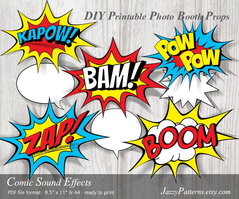 Comic book sound effects printable photo booth props, superhero birthday party decoration, burst bubble action words instant download image 1