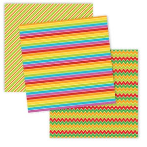 May include: Three sheets of colorful patterned paper. The first sheet has diagonal stripes of orange and green. The second sheet has horizontal stripes of red, orange, yellow, green, blue, purple, and white. The third sheet has a wavy pattern of red, orange, yellow, and green.