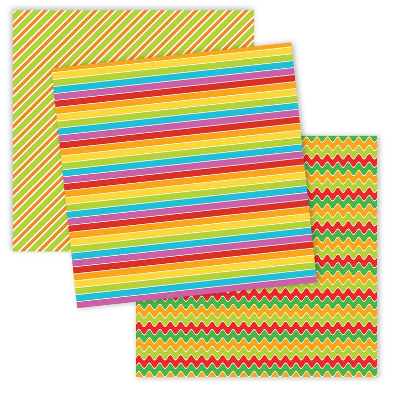 May include: Three sheets of colorful patterned paper. The first sheet has diagonal stripes of orange and green. The second sheet has horizontal stripes of red, orange, yellow, green, blue, purple, and white. The third sheet has a wavy pattern of red, orange, yellow, and green.