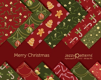 Christmas digital papers in deep red and pine green, gingerbread cookies background, candy canes, mistletoe, for party and home decor