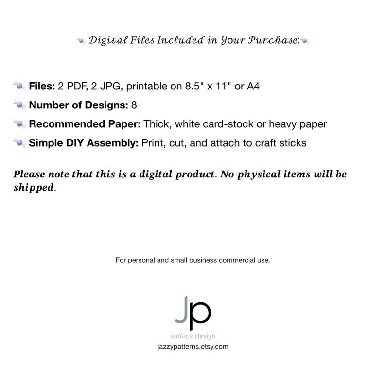 May include: White background with text: "Digital Files Included in Your Purchase." Details include: 2 PDF, 2 JPG files, printable on 8.5" x 11" or A4, 8 designs, recommended paper type, and DIY assembly instructions. The text also states that this is a digital product.