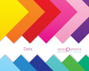 May include: A set of digital papers with a polka dot pattern in various colors, including yellow, orange, red, pink, purple, blue, green, and turquoise. The papers are arranged in a chevron pattern. The text "Dots" and "JazzyPatterns digital papers 12"x12" - 300 dpi JPG" is included in the image.