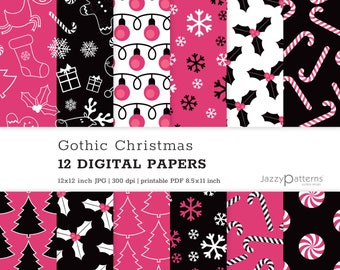 May include: Twelve digital papers featuring a gothic Christmas theme. The papers feature various patterns in black, white, and pink, including candy canes, snowflakes, Christmas trees, holly, and gingerbread men.