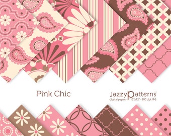 Pink Chic digital papers for scrapooking, paper crafts, gift wrapping, paisley in pink, cream and brown, printable instant download