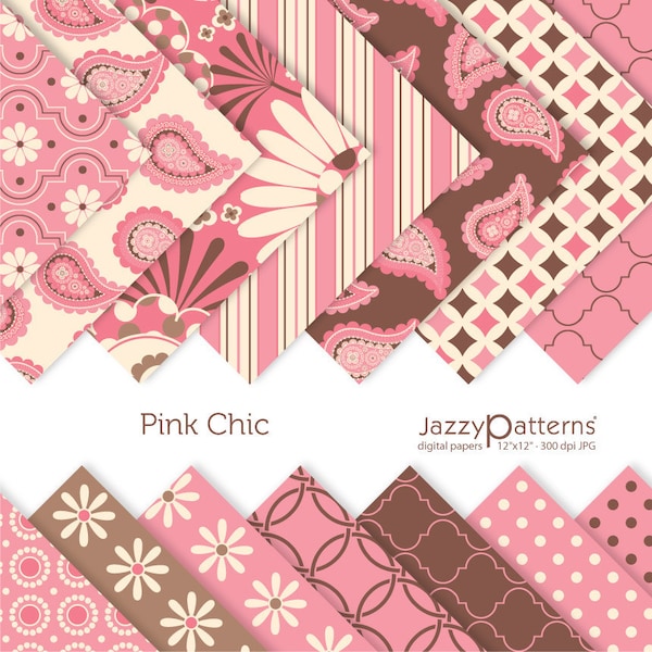 Pink Chic digital papers for scrapooking, paper crafts, gift wrapping, paisley in pink, cream and brown, printable instant download