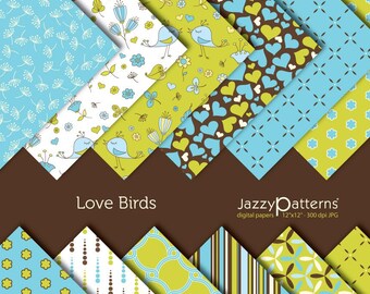 May include: A set of 10 digital papers featuring a variety of patterns in blue, green, brown, and white. The patterns include birds, hearts, flowers, and geometric shapes. The papers are 12x12 inches and 300 dpi. "Love Birds" and "JazzyPatterns" are written on the image.