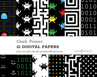 Puede incluir: Doce papeles digitales con un tema retro de videojuegos. Los papeles presentan gráficos pixelados de naves espaciales, fantasmas de Pac-Man, laberintos y código binario. Los papeles son en blanco y negro con acentos de rojo, verde, azul y amarillo.