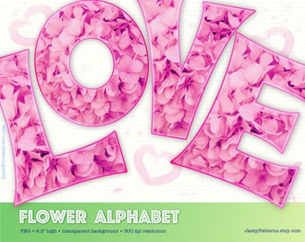 Spring flower alphabet letters with Hortensia blossom in pink, perfect for Valentine, Easter or Mother’s Day, printable PNG for sublimation