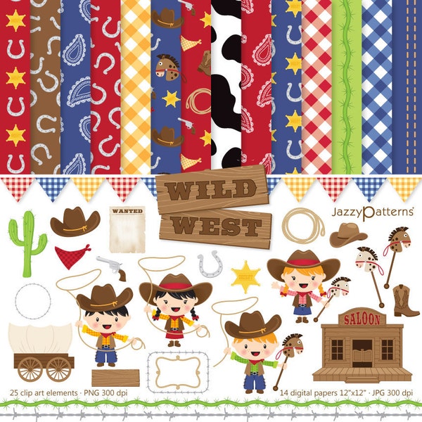 Wild West cowboy and cowgirl clipart and digital papers, printable instant download