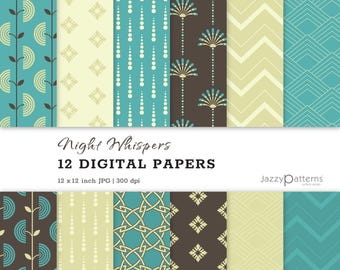 Peut inclure: Douze papiers numériques avec des motifs géométriques en turquoise, marron et crème. Les motifs comprennent des cercles, des diamants, des zigzags et des motifs floraux. Le texte "Night Whispers 12 DIGITAL PAPERS 12 x 12 inch JPG | 300 dpi JazzyPatterns" est en bas de l'image.