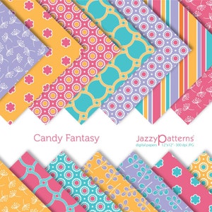 Candy Fantasy digital papers in hot pink, lilac, turquoise and yellow, for party or home decor, gift wrap, printable instant download