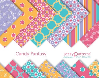 Candy Fantasy digital papers in hot pink, lilac, turquoise and yellow, for party or home decor, gift wrap, printable instant download