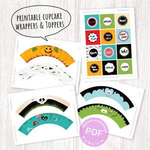 Pirottini e topper per cupcake di Halloween stampabili, zombi, mummie, zucche, vampiri, teschi, download immediato
