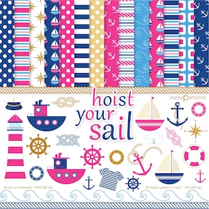 Clipart náutico e papéis digitais em rosa choque e azul marinho, para artesanato em papel e decoração de festas, para impressão instantânea