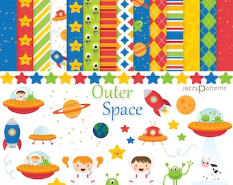 Imágenes prediseñadas y documentos digitales del espacio: astronautas, extraterrestres, cohetes espaciales, platillos voladores, planetas, estrellas, descarga digital