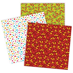 May include: Three sheets of wrapping paper with different patterns. One sheet has a red background with yellow and red chili peppers. Another sheet has a green background with yellow and red chili peppers. The last sheet has a white background with colorful polka dots.