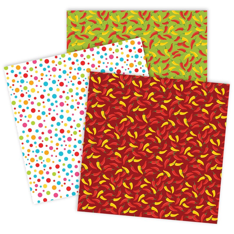 May include: Three sheets of wrapping paper with different patterns. One sheet has a red background with yellow and red chili peppers. Another sheet has a green background with yellow and red chili peppers. The last sheet has a white background with colorful polka dots.