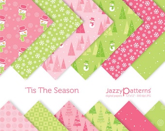 Pink Christmas digital papers, snowman background, Christmas trees patterned paper, snowflakes, winter scrapbook, printable download