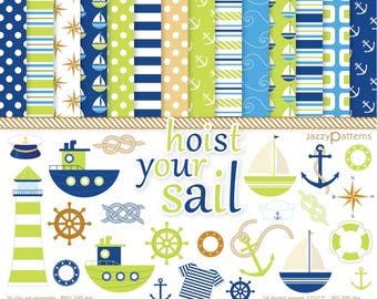 Peut inclure: Un ensemble de 14 papiers numériques et 26 éléments d'art numérique sur le thème nautique. Les papiers présentent des rayures bleues, vertes et blanches, des pois et des ancres. L'art numérique comprend un phare, un voilier, un gouvernail et une bouée de sauvetage. Le texte "hoist your sail" est présenté au centre de l'image.