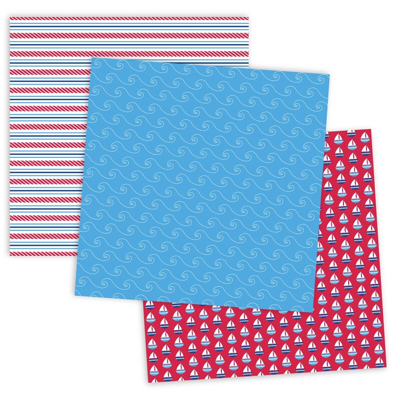 May include: Three digital paper patterns in a nautical theme. The first pattern is red and white stripes with a blue rope design. The second pattern is blue with white waves. The third pattern is red with white sailboats and blue accents.