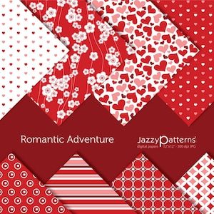 Valentine&#39;s Digital Paper: Red, Pink, Hearts, Cherry Blossom (Instant Download)