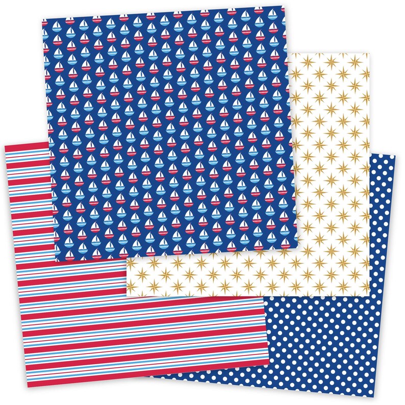 May include: Four different patterned scrapbook paper sheets. The first sheet has a blue background with white and red sailboats. The second sheet has a white background with gold stars. The third sheet has red and blue horizontal stripes. The fourth sheet has a blue background with white polka dots.