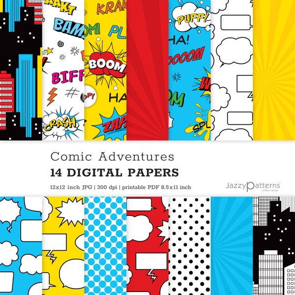 Superhero digital papers, comics backgrounds for party decor, scrapbooking, gift wrap, printable instant download