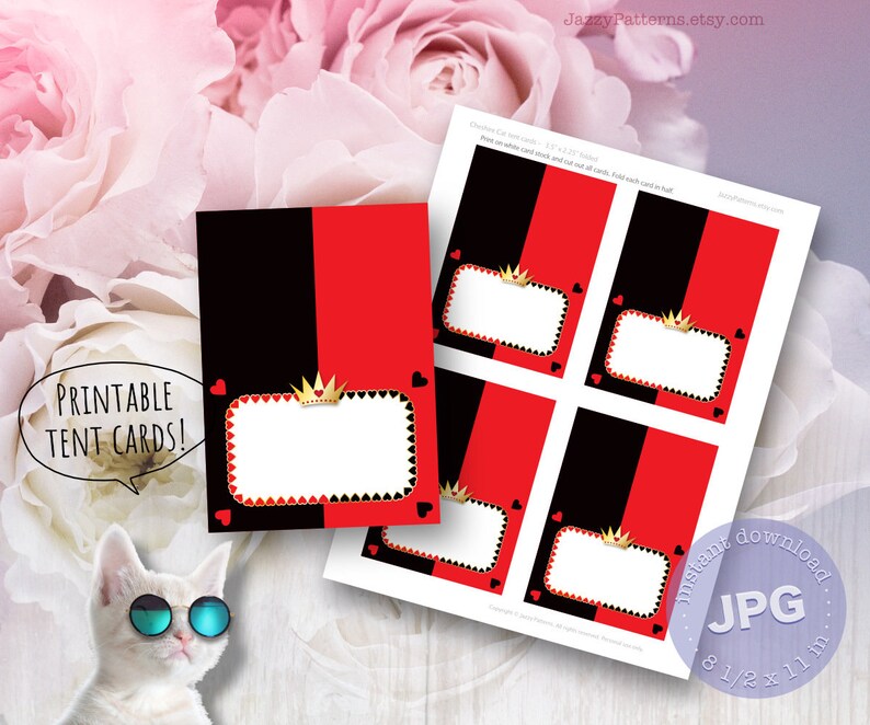Printable Queen of hearts food tent labels place cards in royal red and black for Alice In Wonderland party instant download