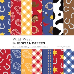 Digitale documenten van het Wilde Westen, kindercowboyafdrukken voor verjaardagsfeestje, uitnodigingen, schooljaarboeken, afdrukbare pdf 8,5 x 11, jpeg-download 12 x 12