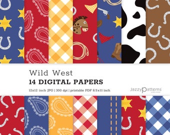 May include: A set of 14 digital papers with a Wild West theme. The papers feature various patterns, including paisley, gingham, stars, horseshoes, and cowhide. The papers are 12x12 inches and 300 dpi.