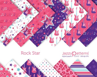 Rock and Roll Star digital papers in violet and pink, for scrapbooking, home decor, music themed classroom decor, printable instant download