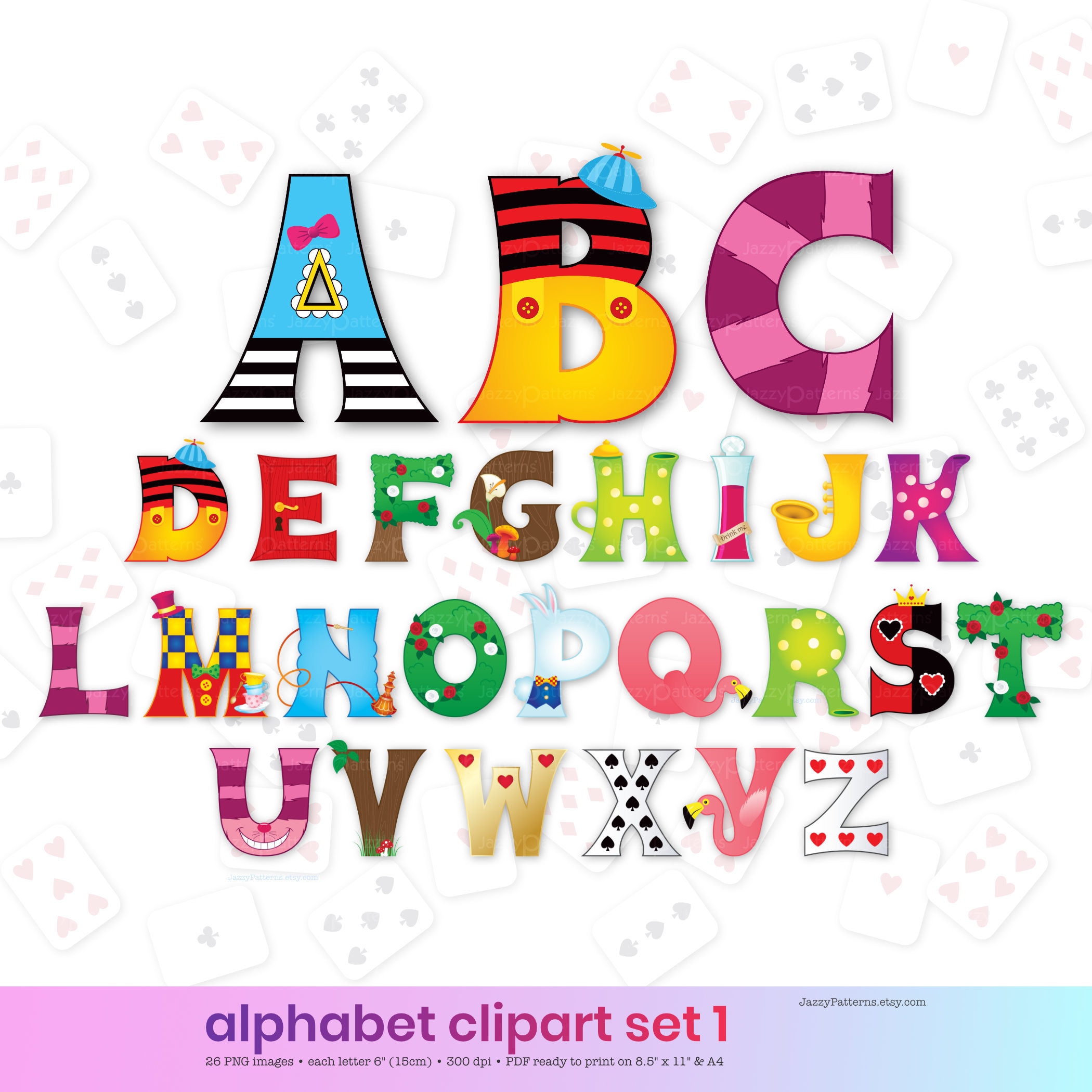 Alice Illustrated Letters Clipart, Alphabet A to Z, Printable Instant ...