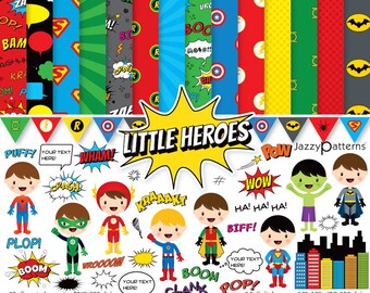 Superhero clipart and printable digital paper pack, comic book style, instant download