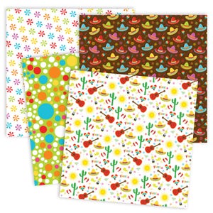 May include: Four different patterned paper sheets. One sheet has a white background with colorful flowers. Another sheet has a green background with colorful polka dots. A third sheet has a brown background with colorful sombreros. The final sheet has a white background with a repeating pattern of guitars, cacti, suns, and the word "Fiesta".