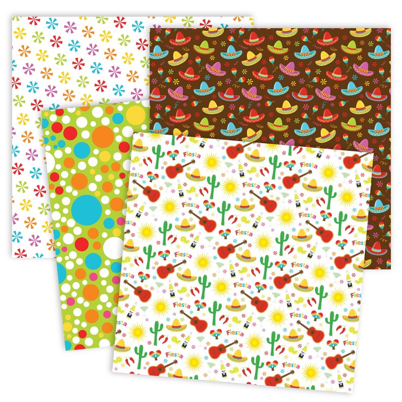 May include: Four different patterned paper sheets. One sheet has a white background with colorful flowers. Another sheet has a green background with colorful polka dots. A third sheet has a brown background with colorful sombreros. The final sheet has a white background with a repeating pattern of guitars, cacti, suns, and the word "Fiesta".