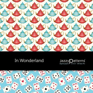 In Wonderland digital papers for scrapbooking, home, party and classroom decor, teapots background, playing cards, instant download image 3