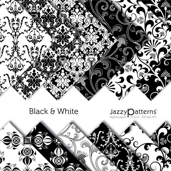 Noir et blanc moderne damassé papiers digitaux, milieux fleuri, images de papier peint baroque, téléchargement numérique instantané