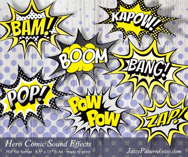 Superhero comic balloons POP BANG BOOM Bam Pow Pow Kapow printable photo props for party decor or baby shower