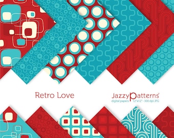 May include: A set of six digital paper patterns in a retro style with red and turquoise blue geometric designs. The patterns include circles, squares, and wavy lines. The text "Retro Love" and "Jazzypatterns" is included in the image.