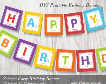 Banner de cumpleaños de fiesta de ciencia, guirnalda imprimible tabla periódica de elementos en colores del arco iris DIY