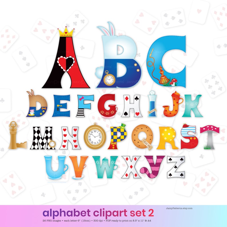 Alice Illustrated Letters Clipart, Alphabet A to Z, Printable Instant ...