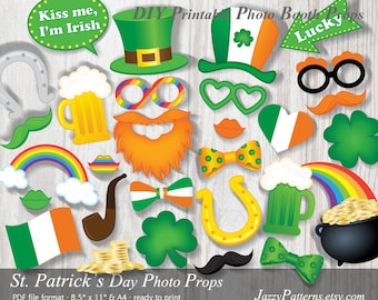 Irish photo props St. Patrick's Day printable, leprechaun beard, top hat, pot of gold, clover, horseshoe, glass beer mug, instant download