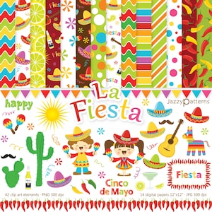 Fiesta clipart en digitaal papier voor knutselen, feestdecor, stickers, journaling, instant download