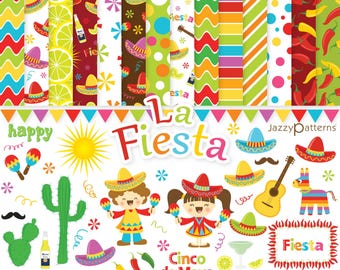 Fiesta clipart and digital papers for paper crafts, party decor, stickers, journaling, instant download