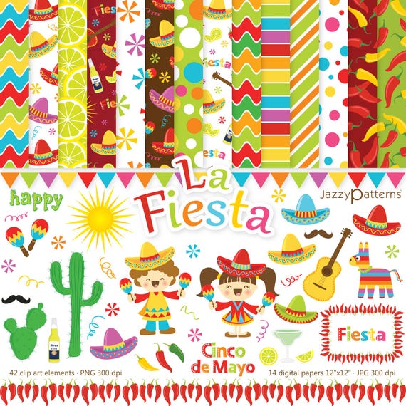 Fiesta clipart and digital papers for paper crafts, party decor, stickers, journaling, instant download