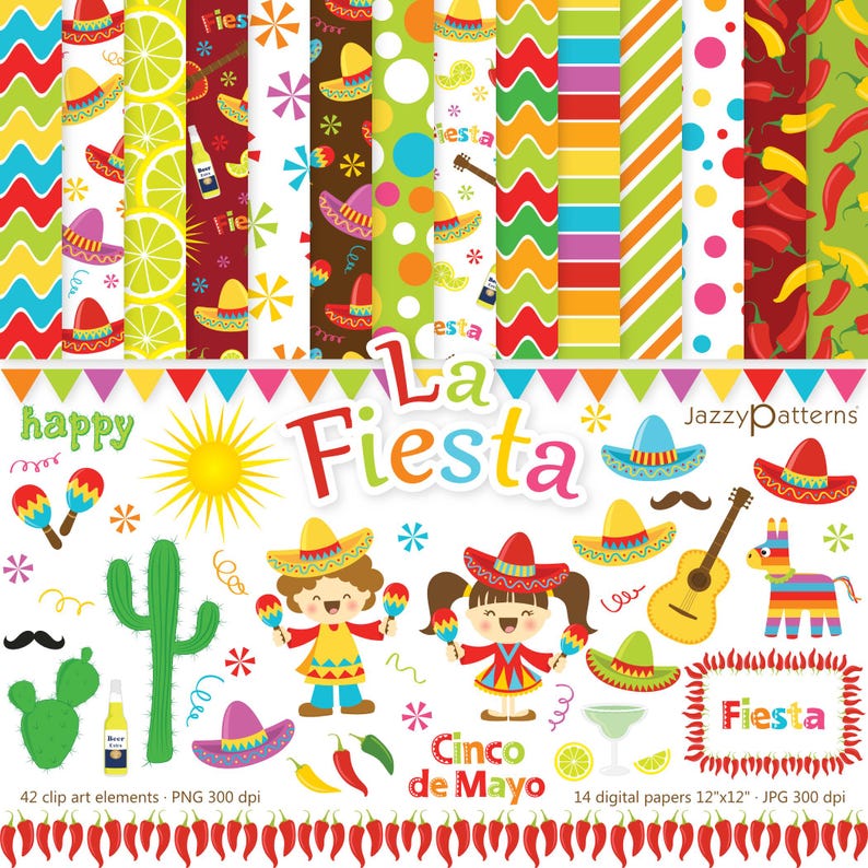Fiesta clipart and digital papers for paper crafts, party decor, stickers, journaling, instant download