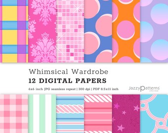 Papel digital retro rosa: Patrones de muñecas de moda femenina (descarga digital)