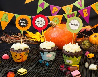 Printable Halloween party cupcake wrappers and toppers. Halloween Monsters, zombie, mummy, pumpkin, vampire, skull