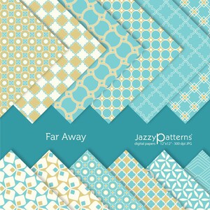 May include: A set of 10 digital papers featuring geometric patterns in shades of blue, yellow, and white. The papers are arranged in a chevron pattern and the text "Far Away" and "JazzyPatterns" is visible.