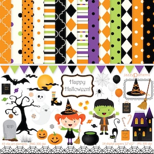 Halloween clipart and digital papers for gift tags, party decor, invites, instant download